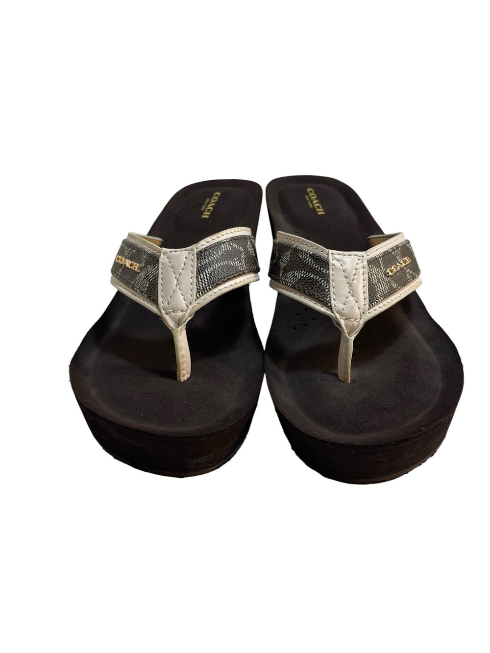 COACH Jolene Brown Cream Gold Thong Wedge Heel Sandals Women’s Size 9.5 B NWOB - Picture 2 of 15